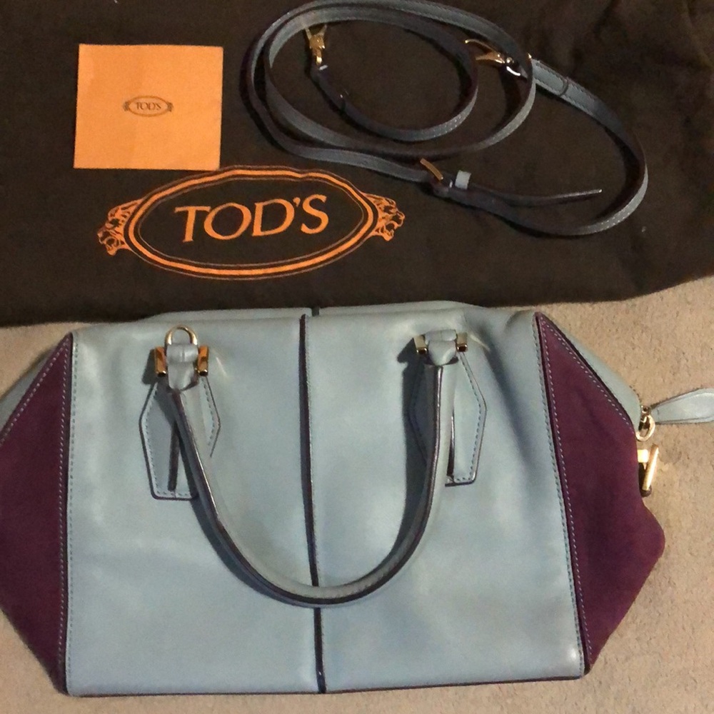 WEEKEND SALE:TOD’S LIMITED EDITION LIGHT BLUE PURPLE GOLD HARDWARE 2 WAY BAG